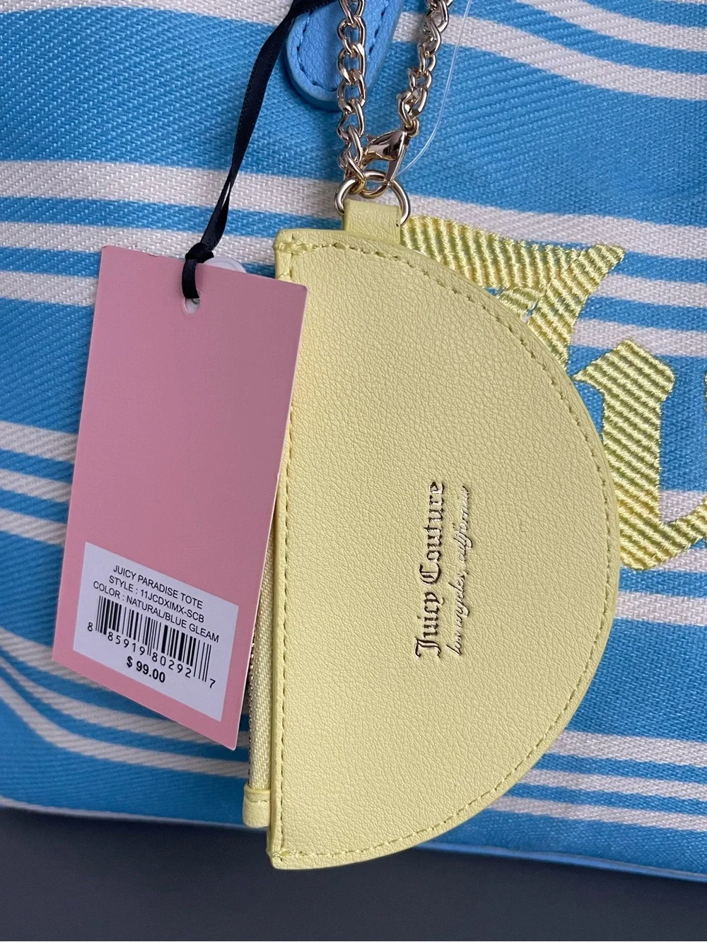 Juicy Couture Paradise Tote Blue White Lemon Striped Canvas